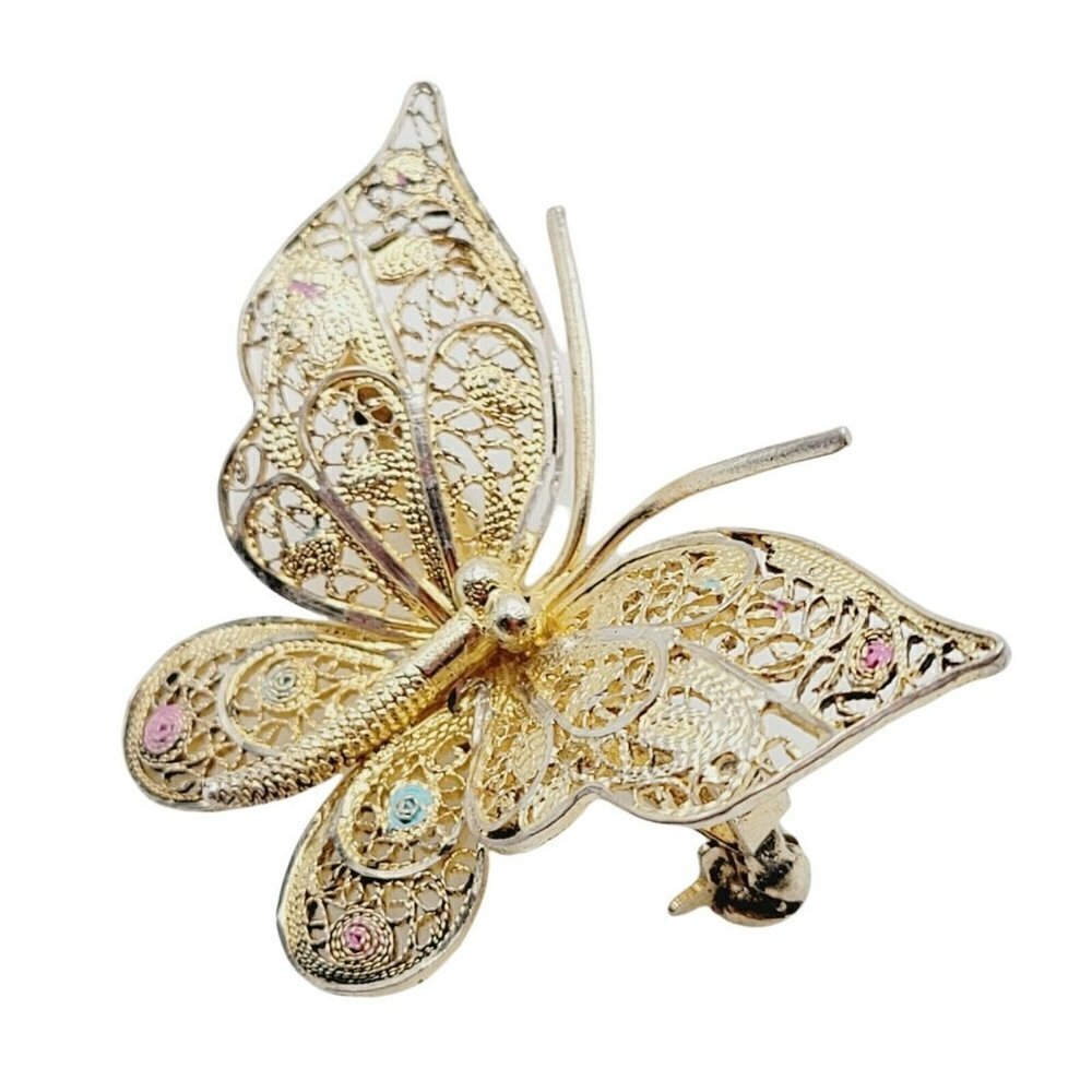 Vtg Filigree Sterling Silver W/ Gold Vermeil Butterfly Brooch Delicate Ornate